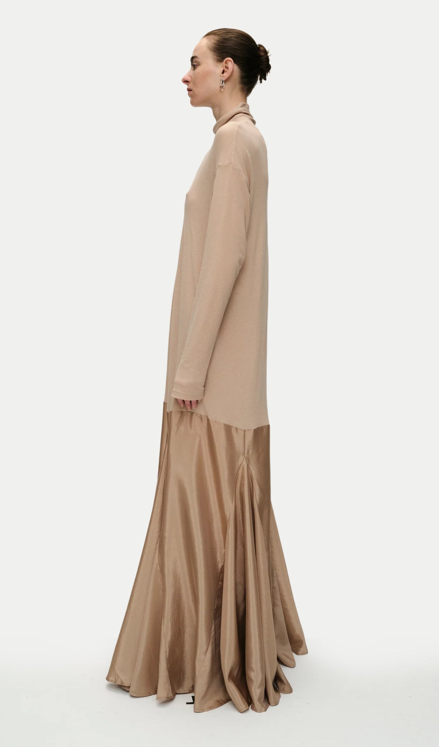 Turtleneck Long Sleeve Satin Maxi Dress In Beige