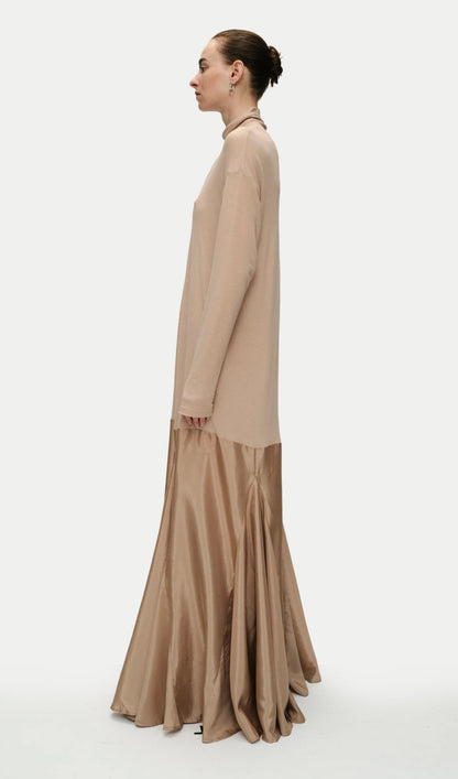Turtleneck Long Sleeve Satin Maxi Dress In Beige