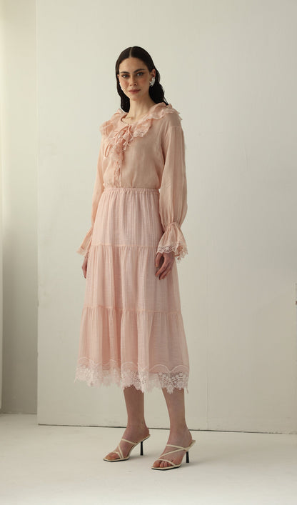 Long Sleeved Lace Panel Midi Skirt