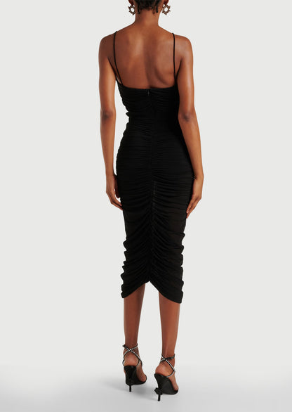 Ruffled Ruched Stretch Mesh Midi Dress