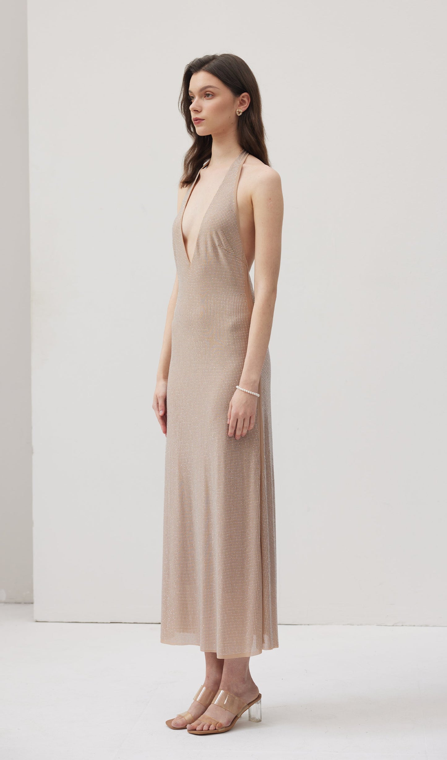 Diamante Halter Midi Dress - Nude