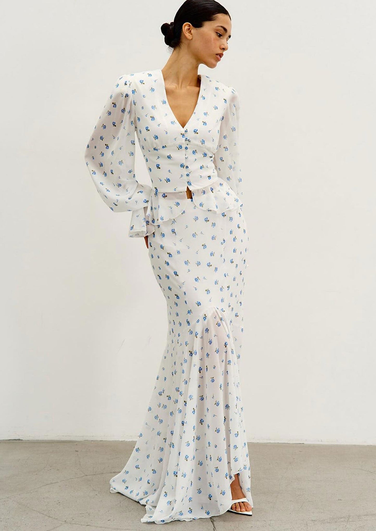 Printed V Neck Shirt & Fishtail Skirt Set