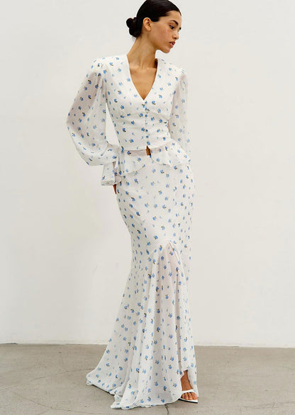 Printed V Neck Shirt & Fishtail Skirt Set