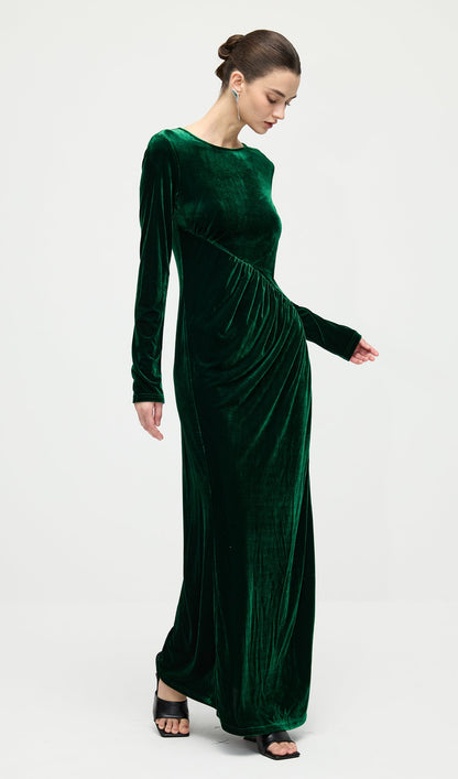 Long Sleeved Gathers  Maxi Dress In Dark Green