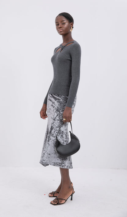 Trendy High Waist Velvet Midi Skirt-Silver