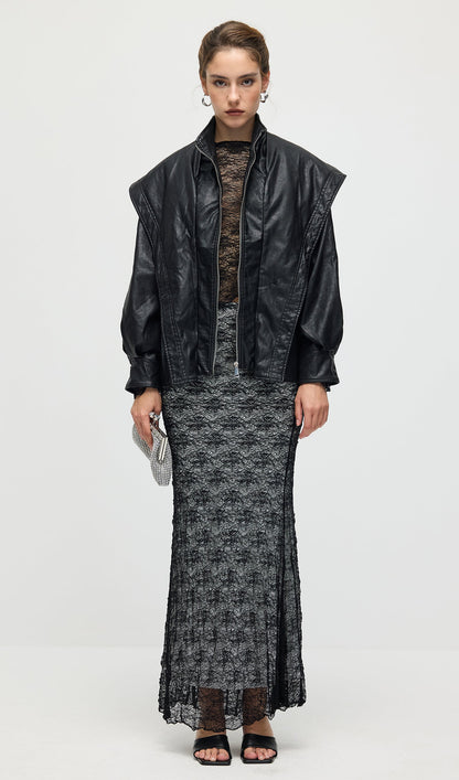 Waisted Lapel Leather Jacket In Black