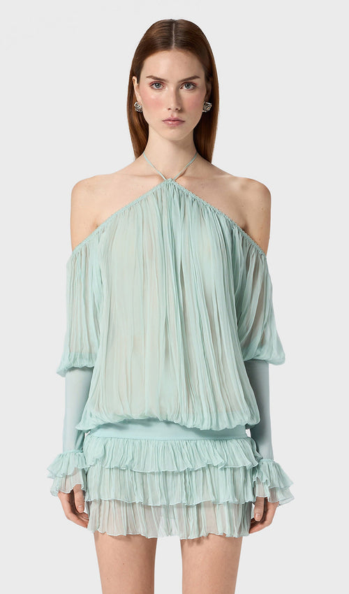 Long Sleeve Pleated Dress In Pale Blue