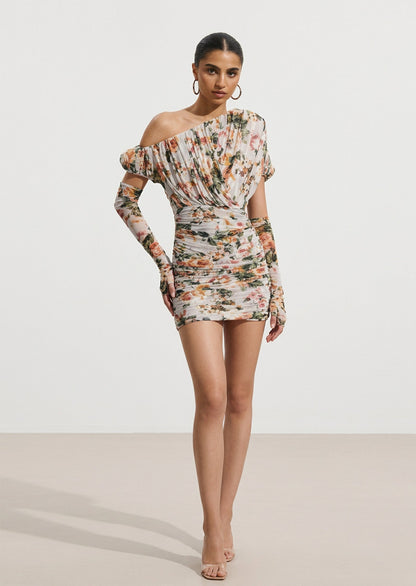 Magda Floral Printed One Shoulder Fan Mini Dress