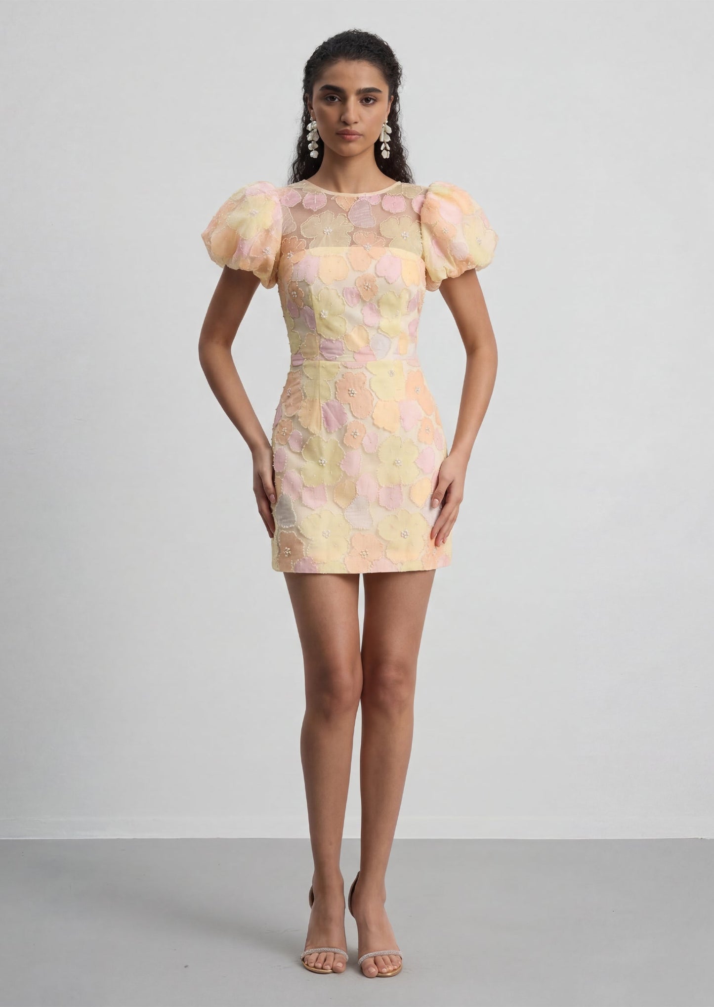 Zaria Floral Puff Sleeve Mini Dress In Yellow
