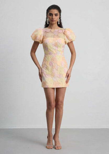 Zaria Floral Puff Sleeve Mini Dress In Yellow