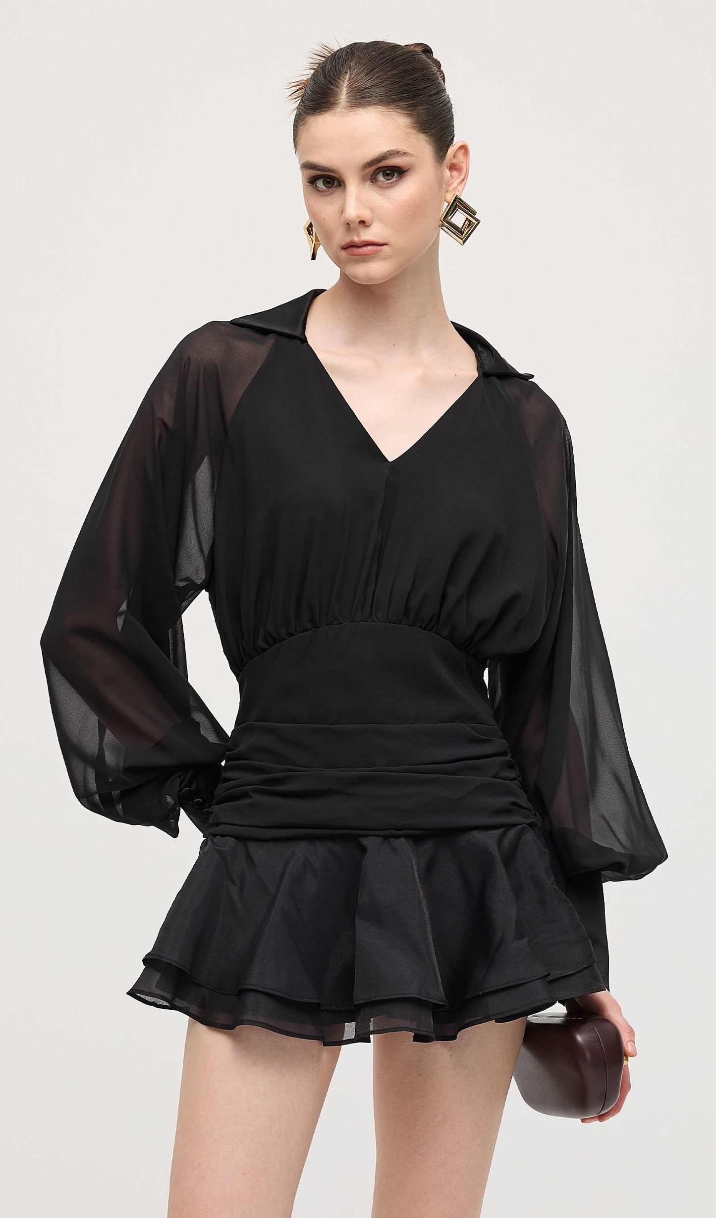 Solid Lantern Sleeve Mini Dress Black