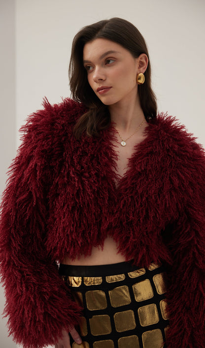 Faux Fur Jacket In Burgundy Coat