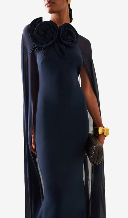Layali Rose 3D Flower Cape Maxi Dress