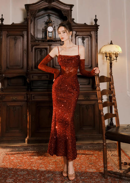 Sequin  Fishtail Hem Maxi Dress In Red