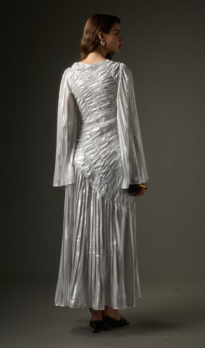 Metallic Long Sleeve Maxi Dress In Silver