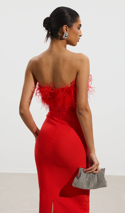 Lena Feather Trimmed Midi Dress Red