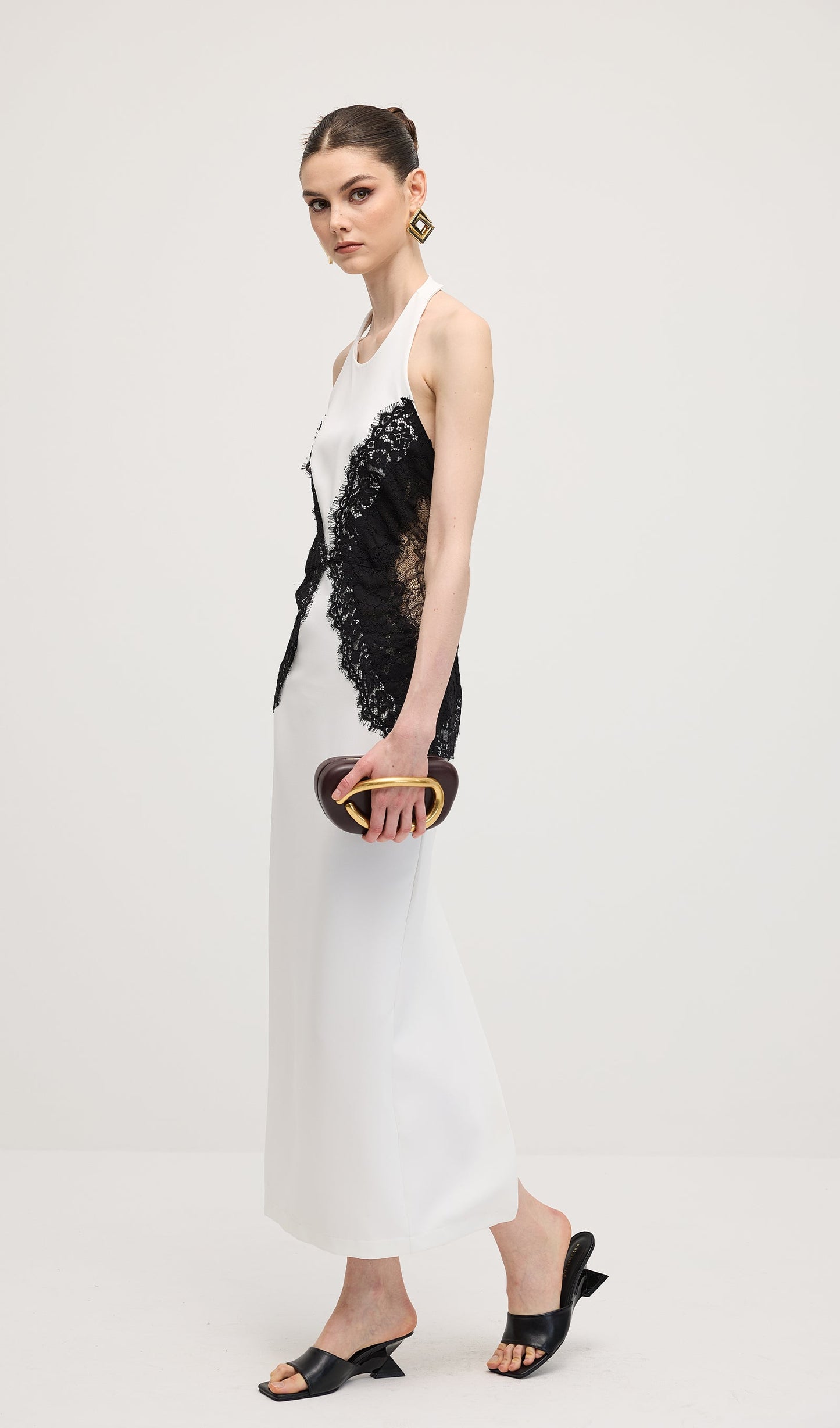 Open Back Maxi Dress In Crepe & Lace