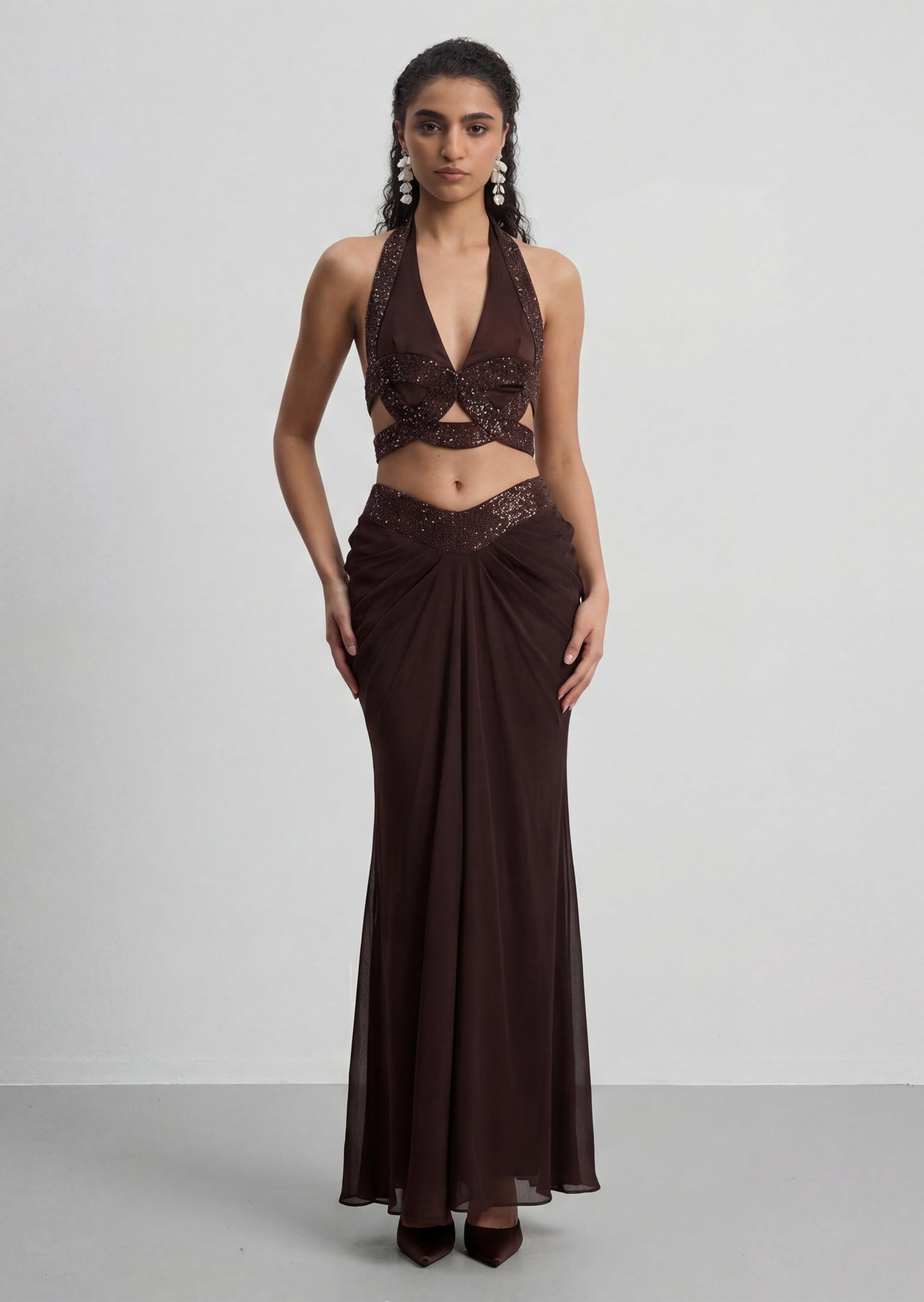 Satin And Diamante Halter Top & Ruched Skirt Set