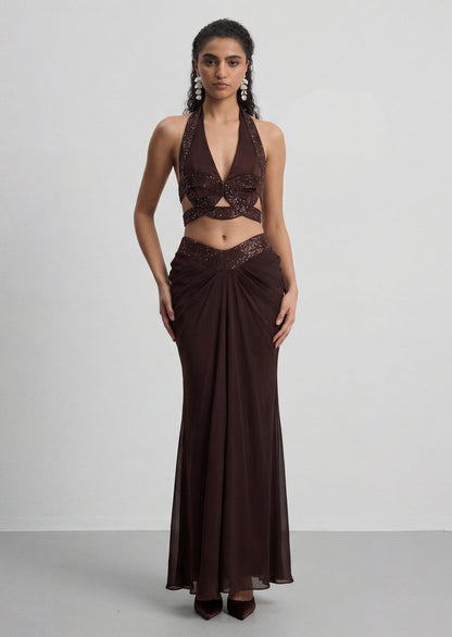 Satin And Diamante Halter Top & Ruched Skirt Set
