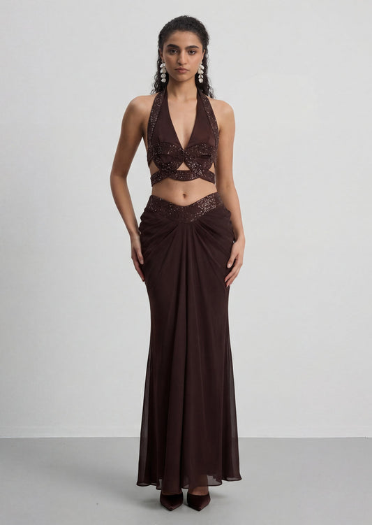 Satin And Diamante Halter Top & Ruched Skirt Set