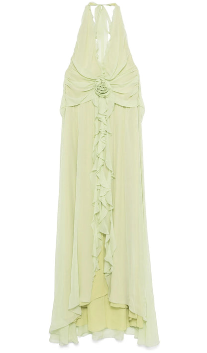 Halter Ruffles Rose Decoration Maxi Dress
