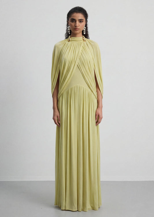 Cape Design Mesh Maxi Dress In Green