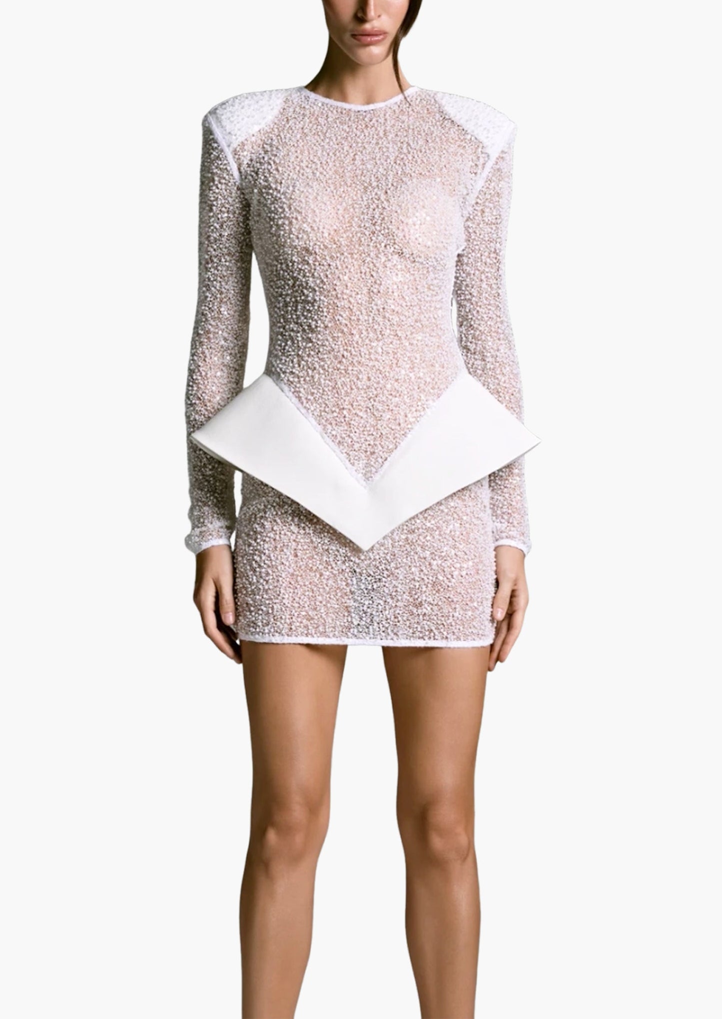 Eclat Sheer Beaded Mini Dress In White