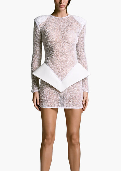 Eclat Sheer Beaded Mini Dress In White