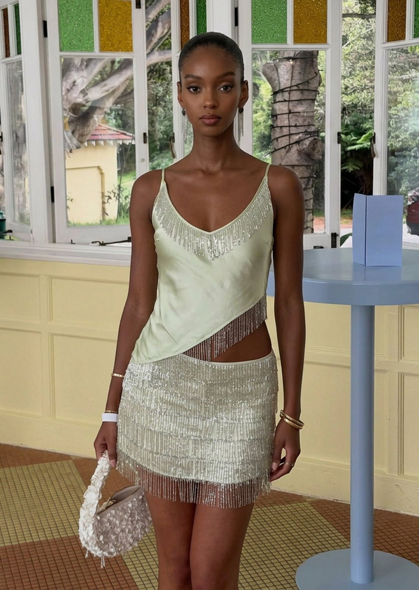 Marcia Beaded Top & Mini Skirt Set In Seafoam