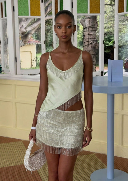 Marcia Beaded Top & Mini Skirt Set In Seafoam
