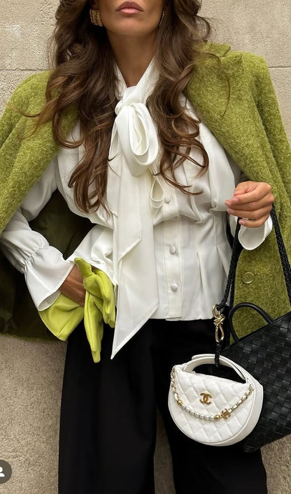 Bow-Tie Fitted Waist Bell Sleeve Shirt