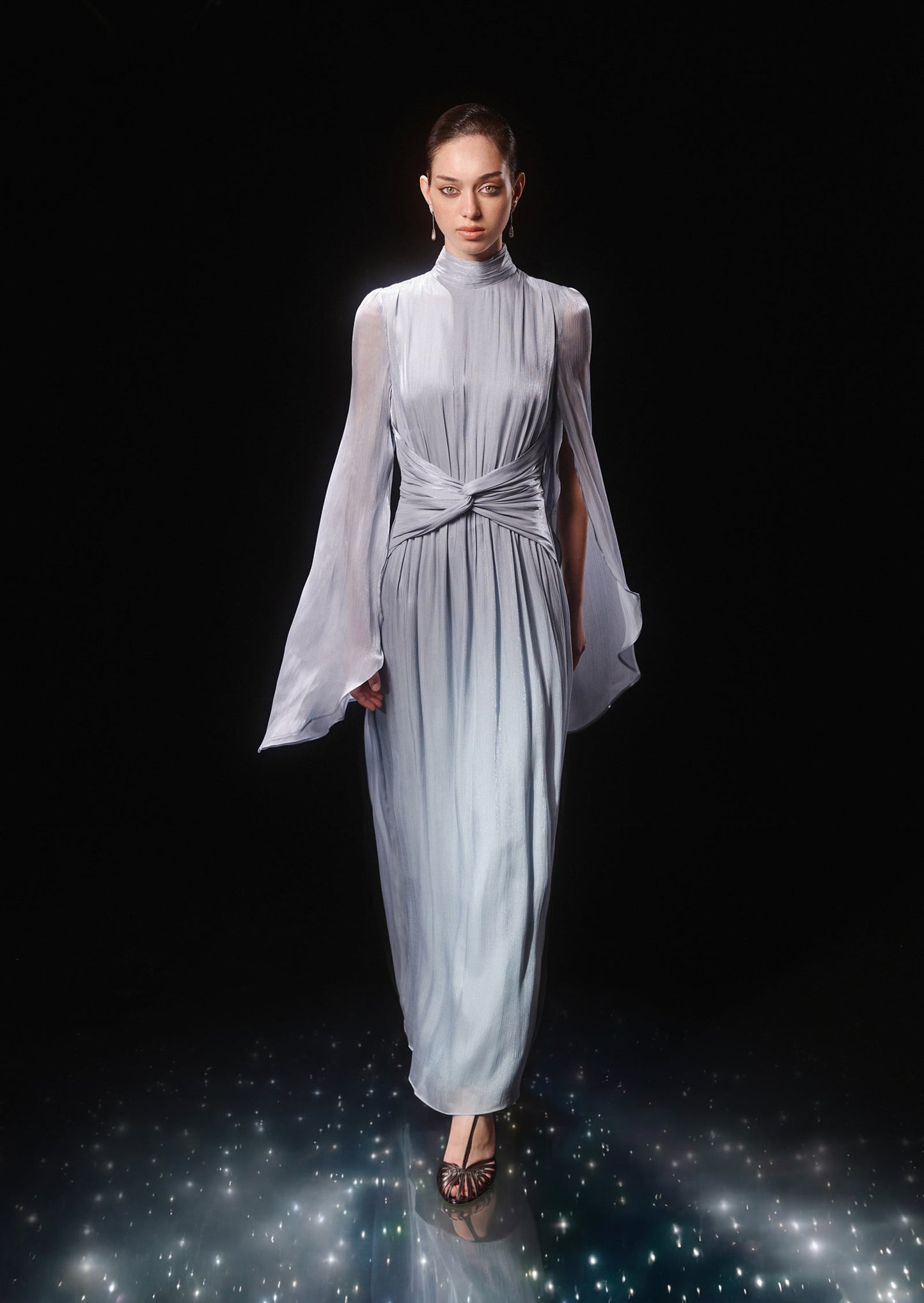 Metallic Fabric Maxi Dress With Light Sleeves