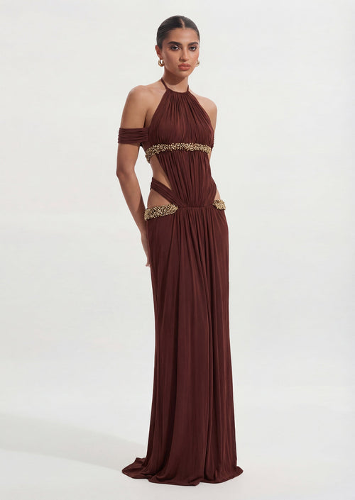 Crystal-Embellished Cutout Halterneck Gown