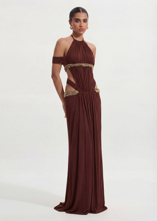 Crystal-Embellished Cutout Halterneck Gown