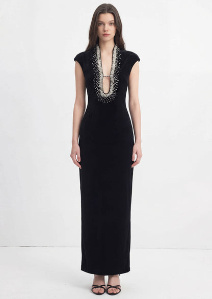Lenora Deep V Neck With Beaded Trimmed  Gown