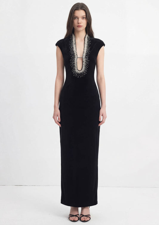 Lenora Deep V Neck With Beaded Trimmed  Gown