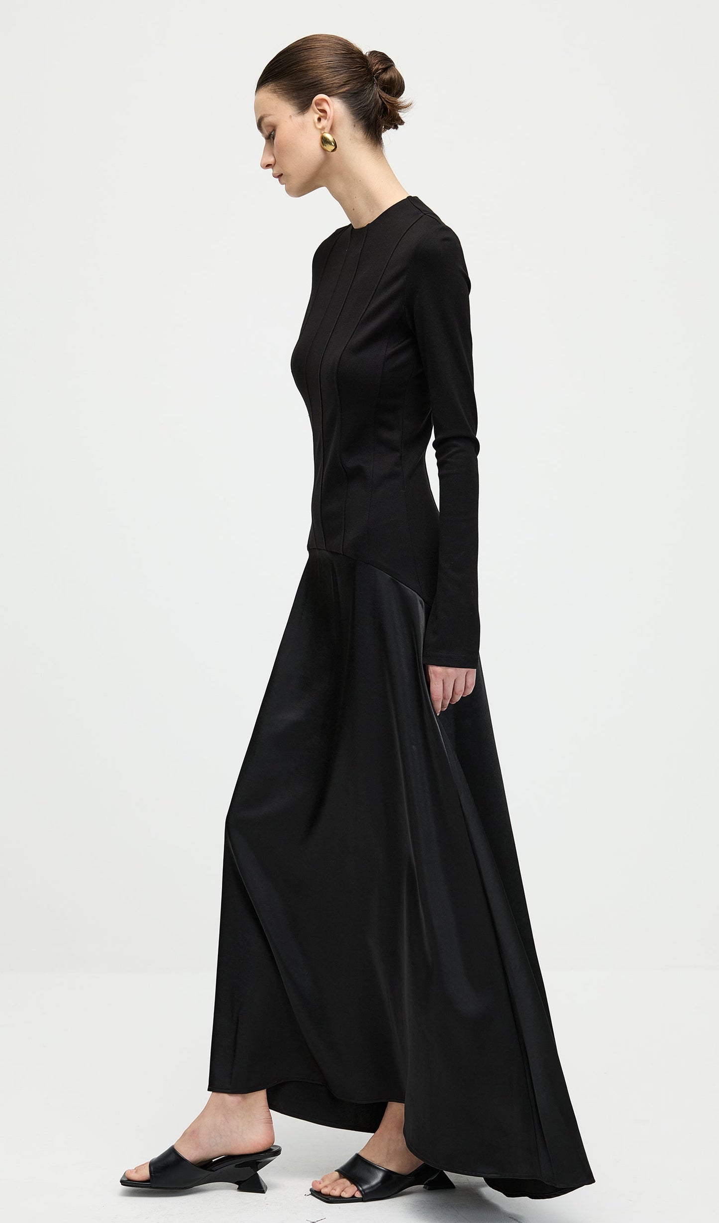 Knitted Satin Maxi Dress In Black