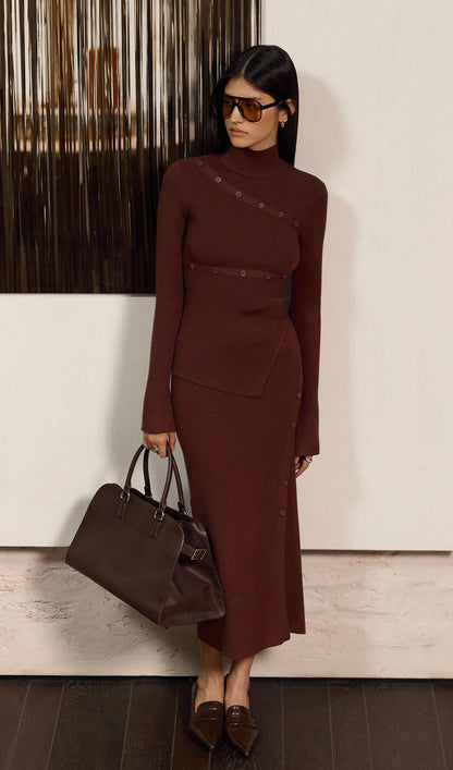 Asymmetrical Top & Maxi Skirt With Side Slit Set Brown