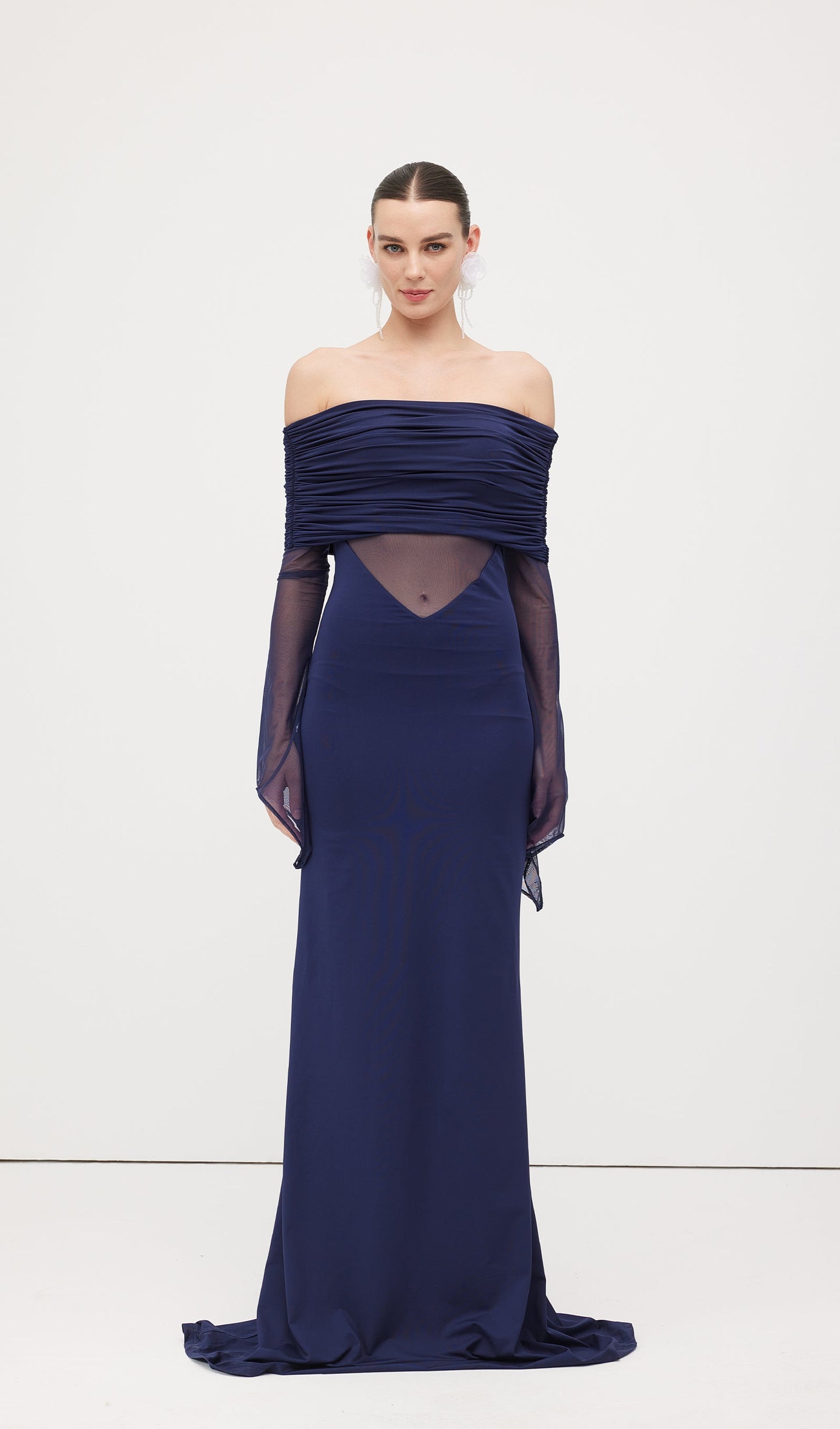One Shoulder Slinky Ruched Maxi Dress-Blue