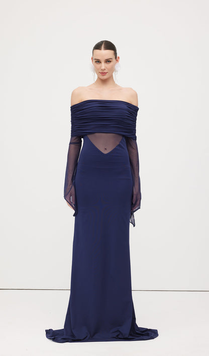 One Shoulder Slinky Ruched Maxi Dress-Blue