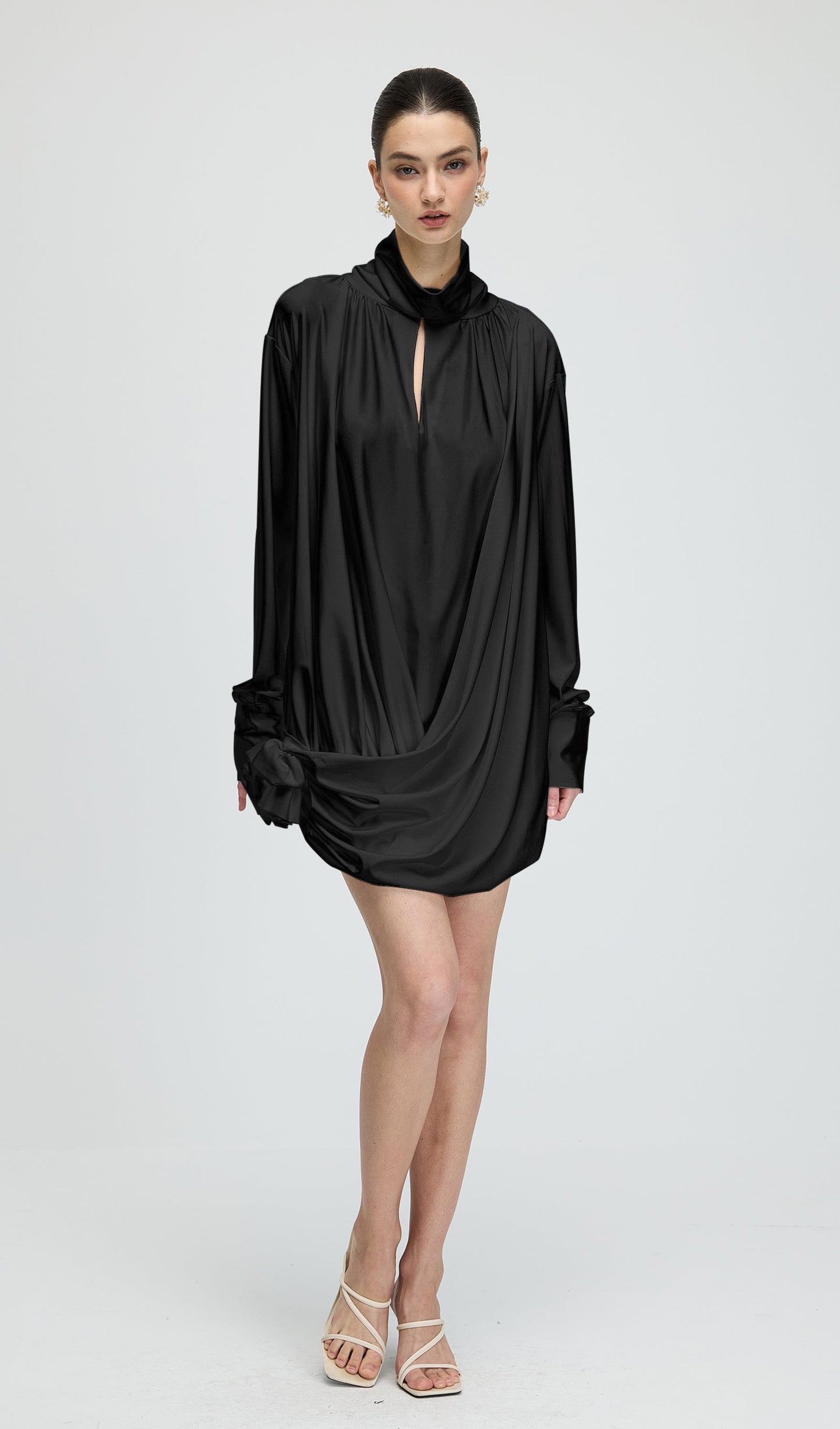 Flower Cut Out Mesh Ruched Mini Dress In Black