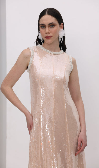 Sequin Embellished Pearl Trim Midi Dress