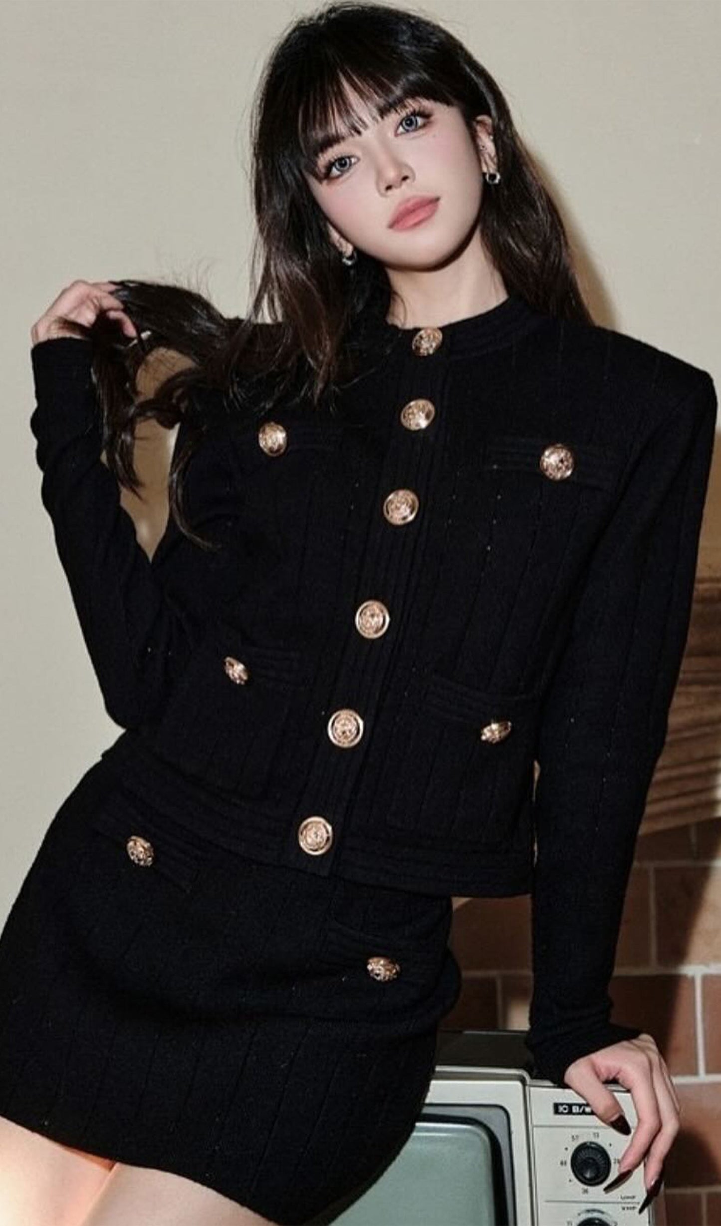 Button Knit Mini Skirt-Black