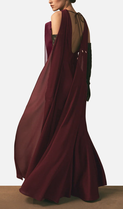 Draped Neckline Maxi Dress With Ribbons