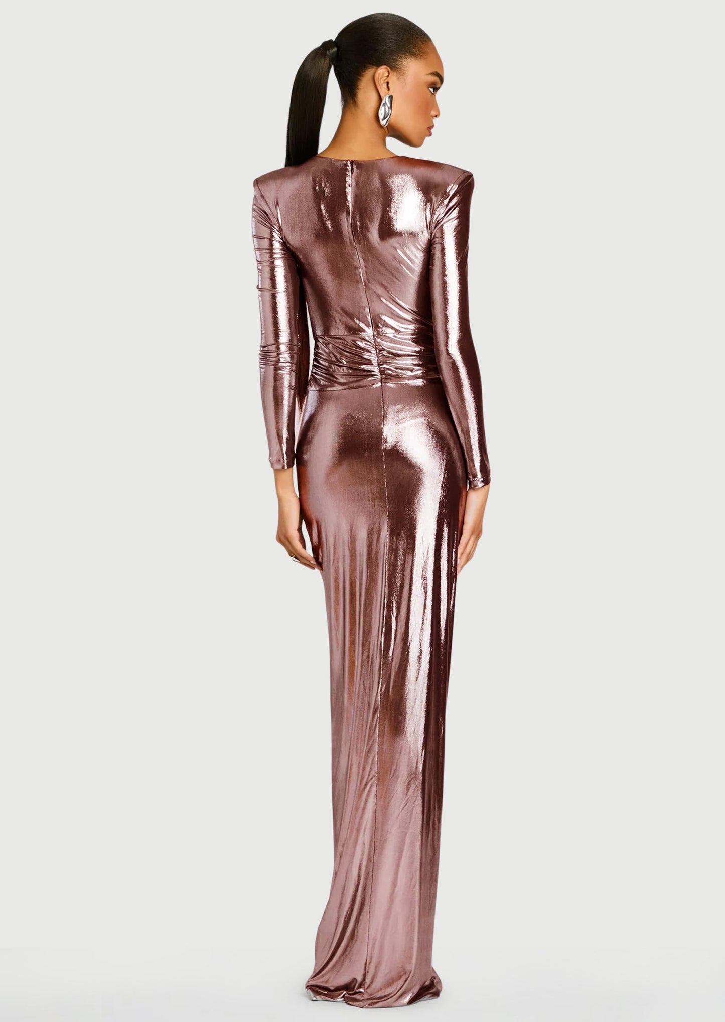 Metallic Slit Maxi Dress In Rose Gold