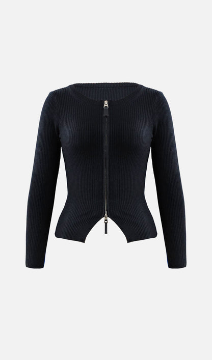 Zip-Up Ribbed Knit Cardigan Top