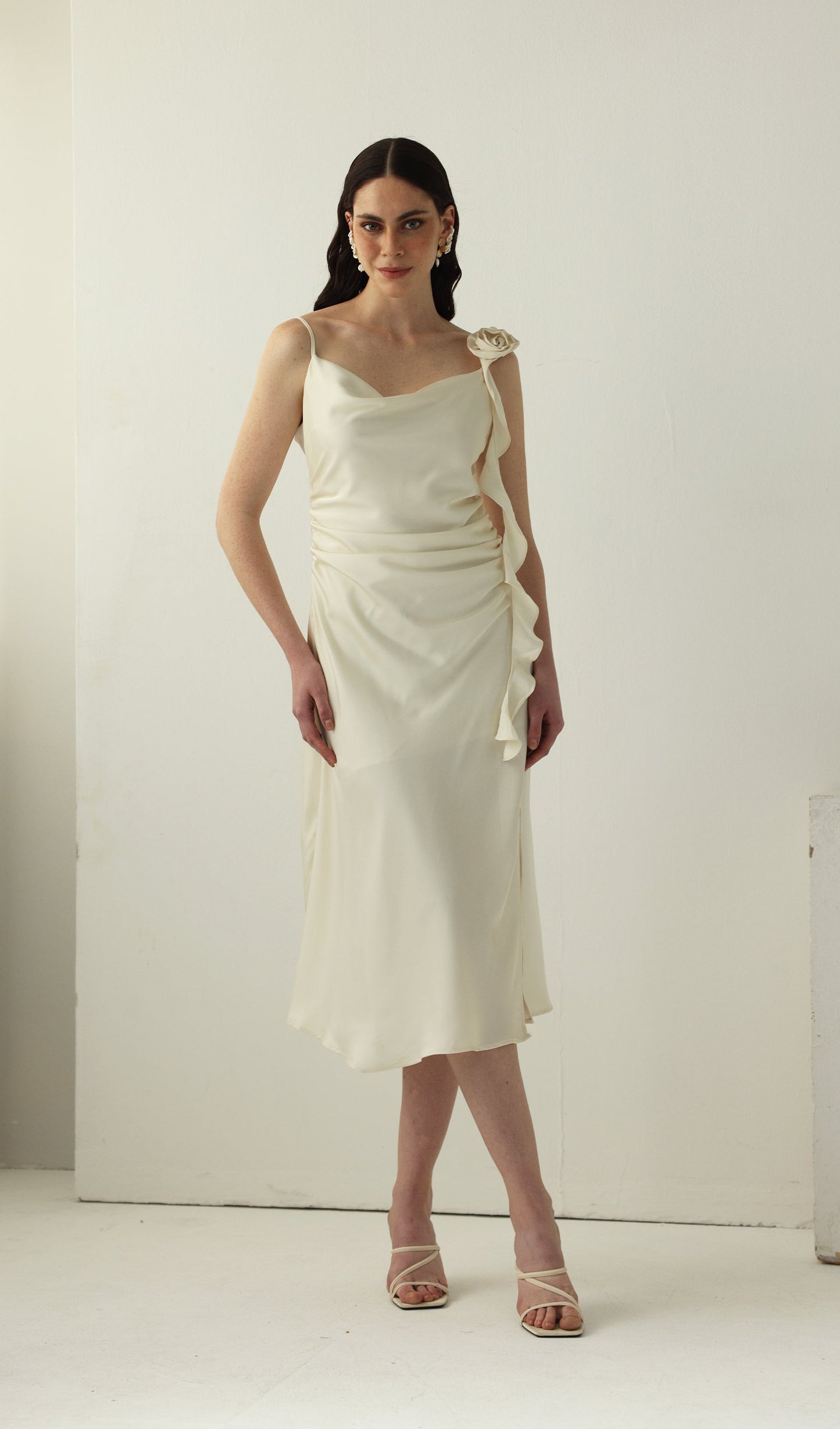 Satin Ruched Midi Slip Dress