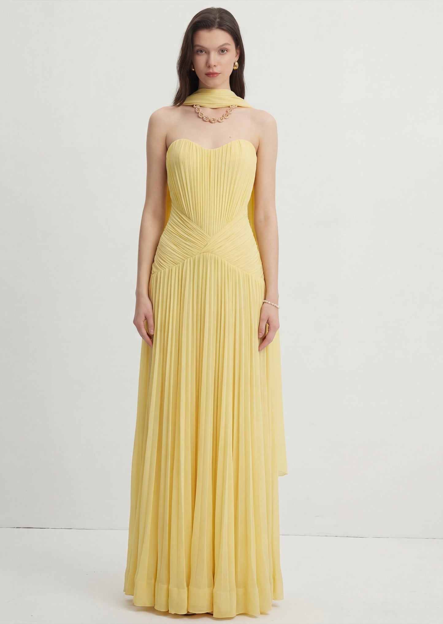 Strapless Pleated Prom Dress With Long Scarf