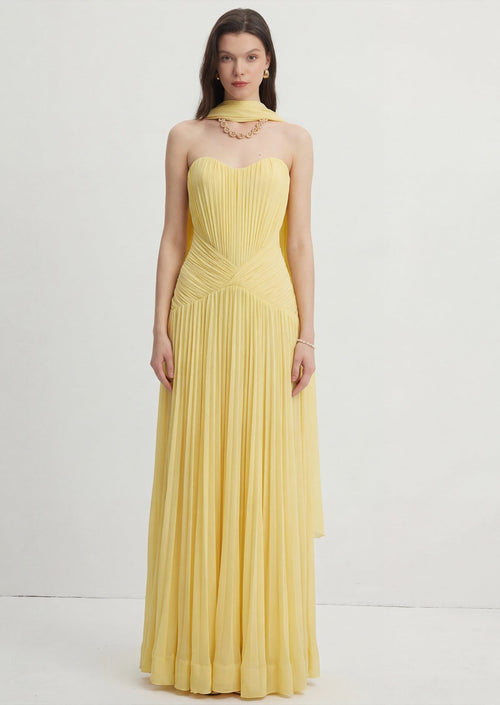 Strapless Pleated Prom Dress With Long Scarf