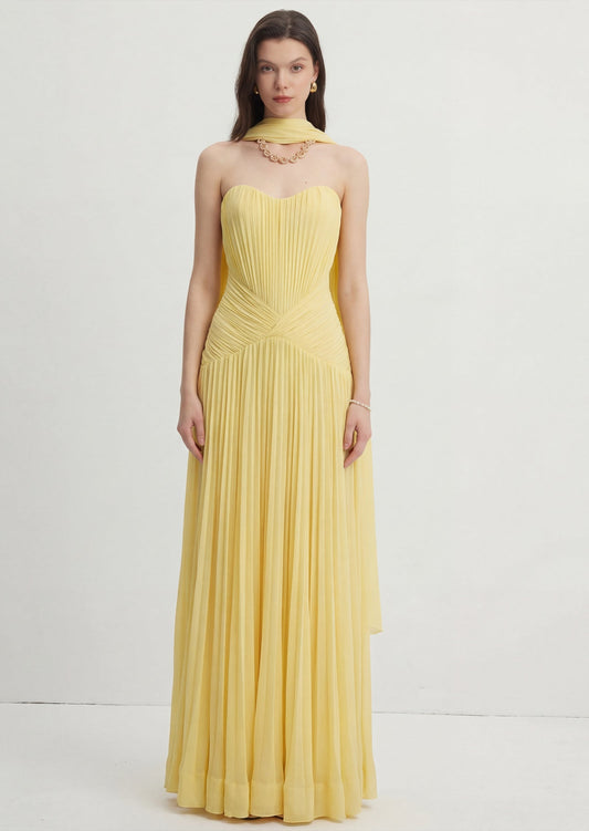 Strapless Pleated Prom Dress With Long Scarf